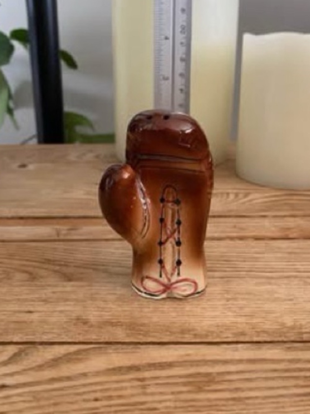Vintage Ceramic Boxing Glove Salt or Pepper Shaker Single Piece Brown Glazed